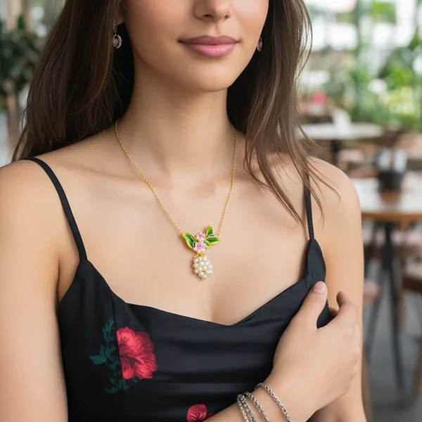 Gold_Plated_Brass_Enamel_Floral_Leaf_Pearl_Cluster_Pendant_Necklace_For_Women
